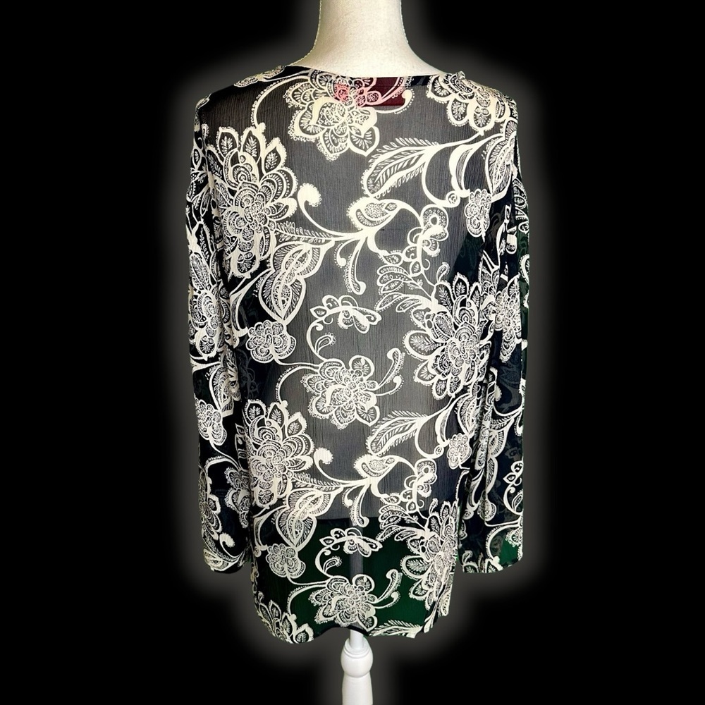 Oscar de la Renta Black & White 100% Silk Embroidered Long Sleeve Tunic Size 12 - Picture 8 of 11